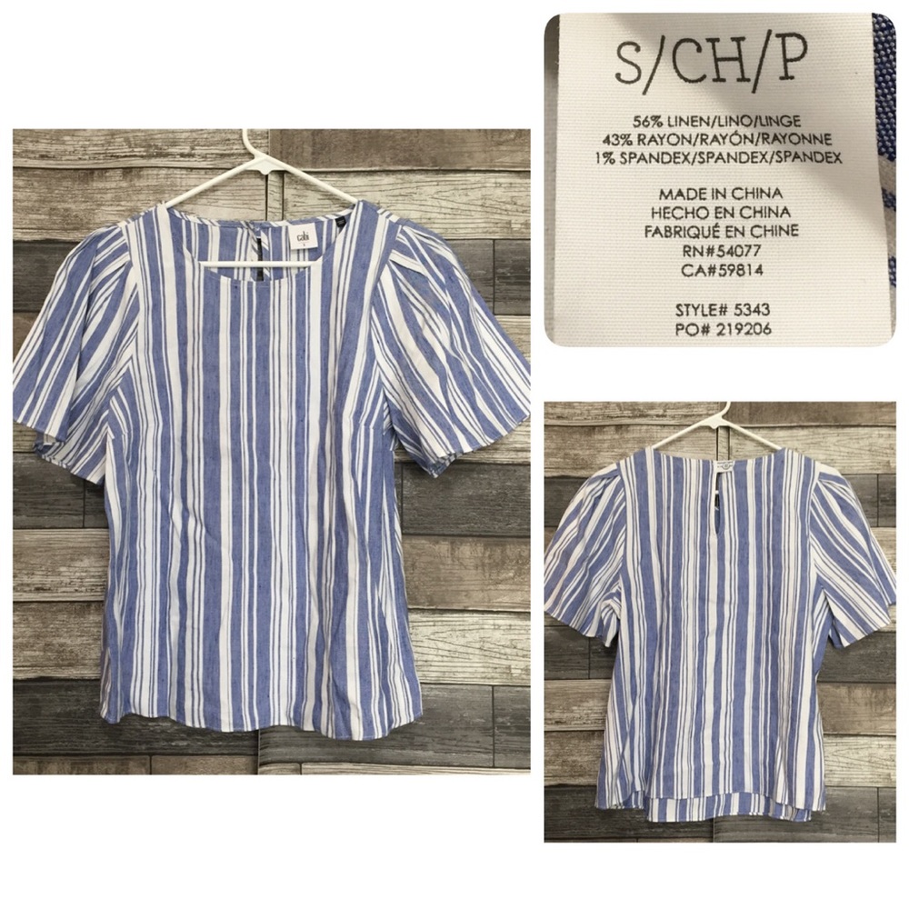 CAbi #5343 Women's Wing Top Size Small Blue White Striped Linen Blend